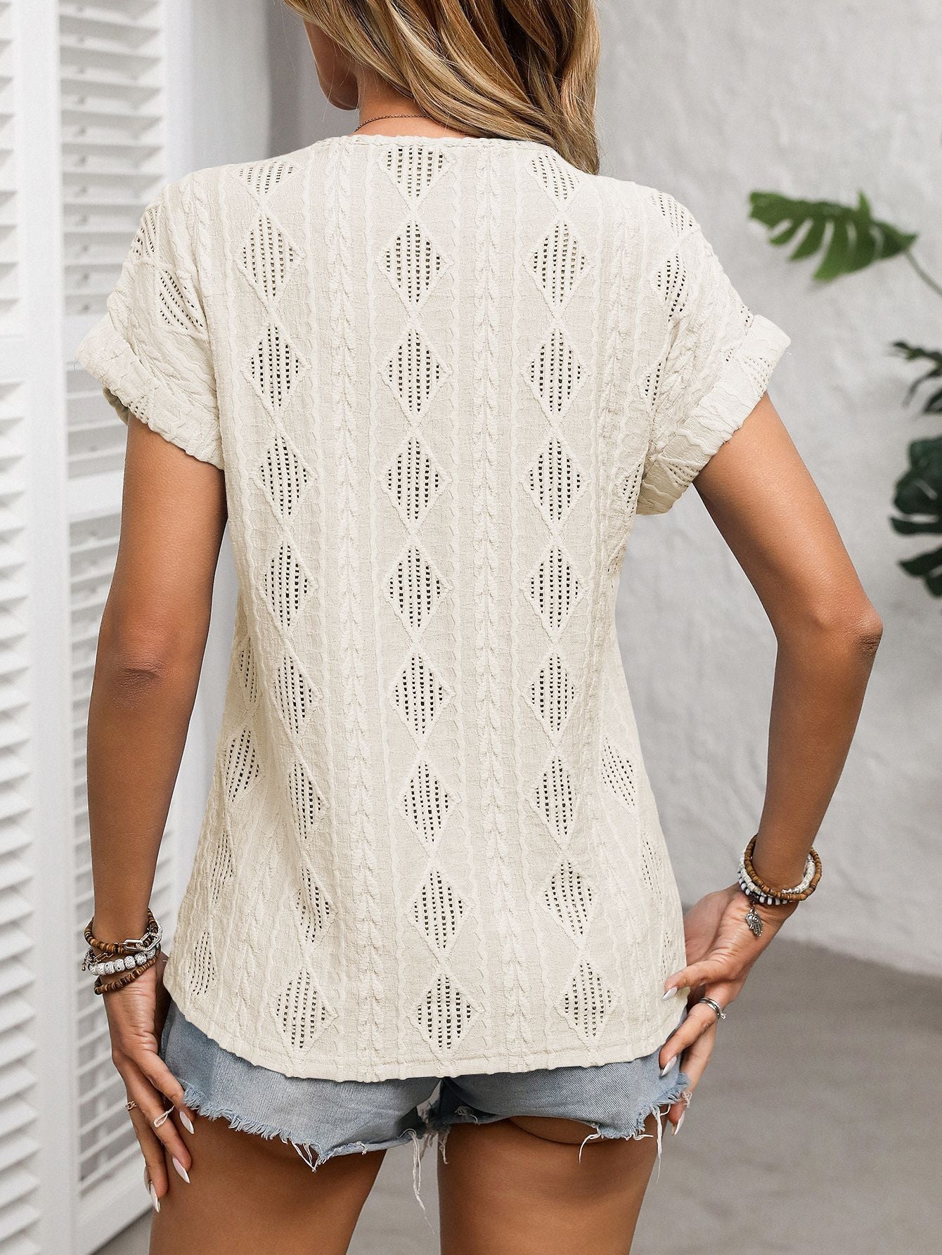 Women's V-Neck Short Sleeve Knit Top with Buttons