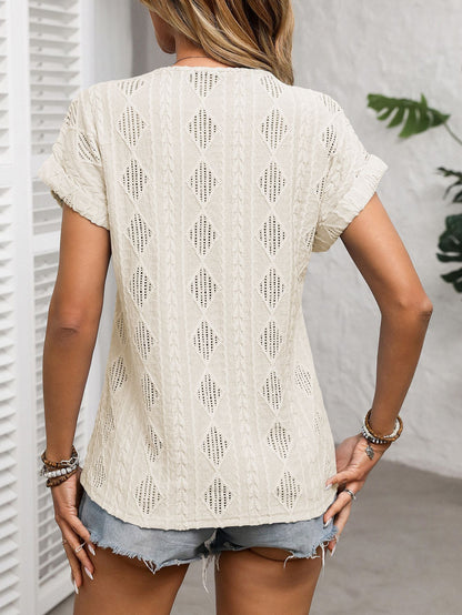Women's V-Neck Short Sleeve Knit Top with Buttons