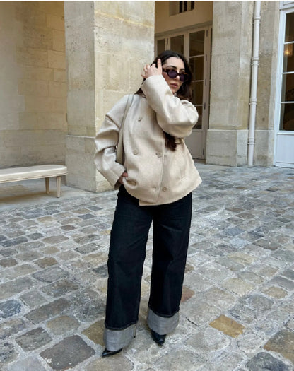 Women's Oversized Double Breasted Stand Collar Wool Coat