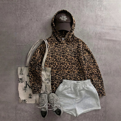 Leopard Print Hoodie Kangaroo Pocket Relaxed Fit