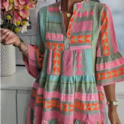 Women's Boho Geometric Bell Sleeve Tiered Midi Dress