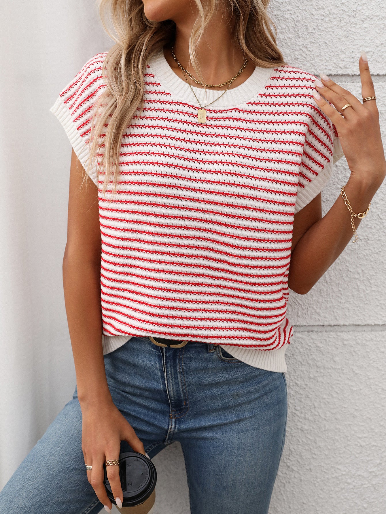 Crew Neck Striped Knit Sweater