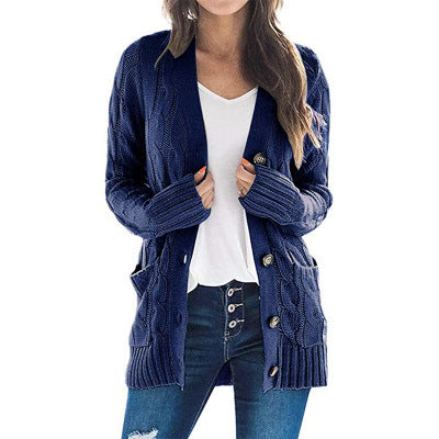 Womens Chunky Cable Knit Button Cardigan Sweater Pockets