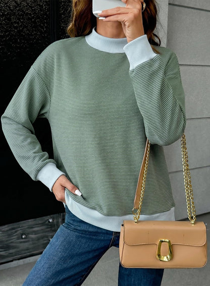 Striped Contrast Trim Relaxed Fit Long Sleeve Knit Top