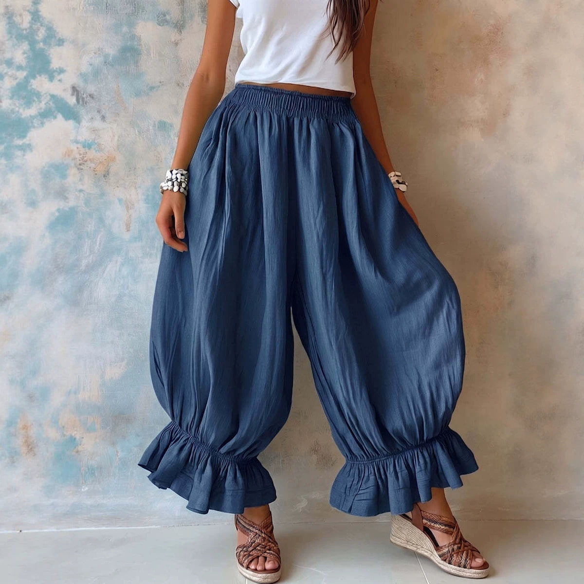 Women Ruffle Hem Balloon Pants Elastic Waist Wide Leg Boho