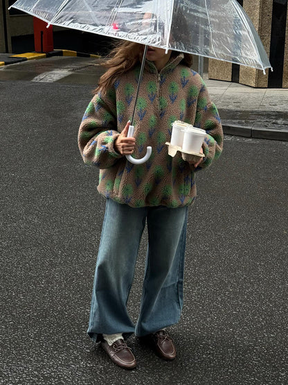 Floral Fleece Half Zip Pullover High Neck Oversized Sweatshirt