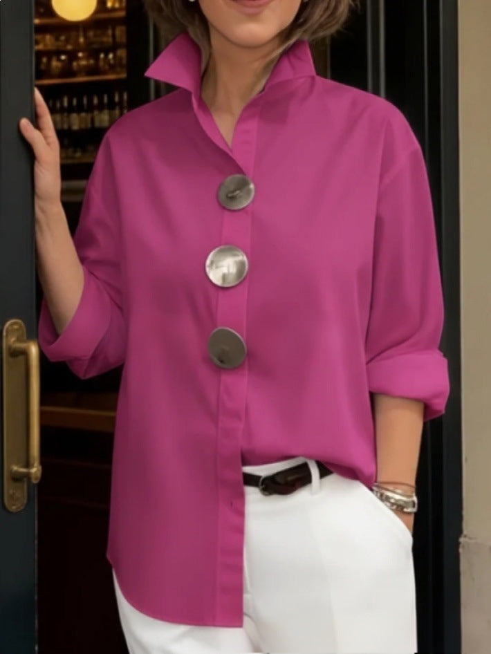 Women's Stand Collar Metal Button Long Sleeve Shirt