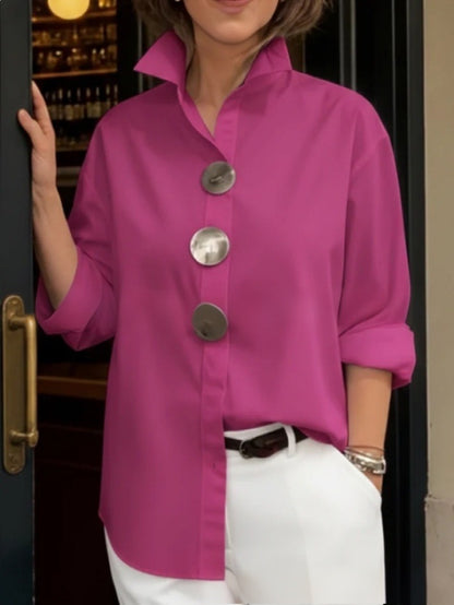 Women's Stand Collar Metal Button Long Sleeve Shirt