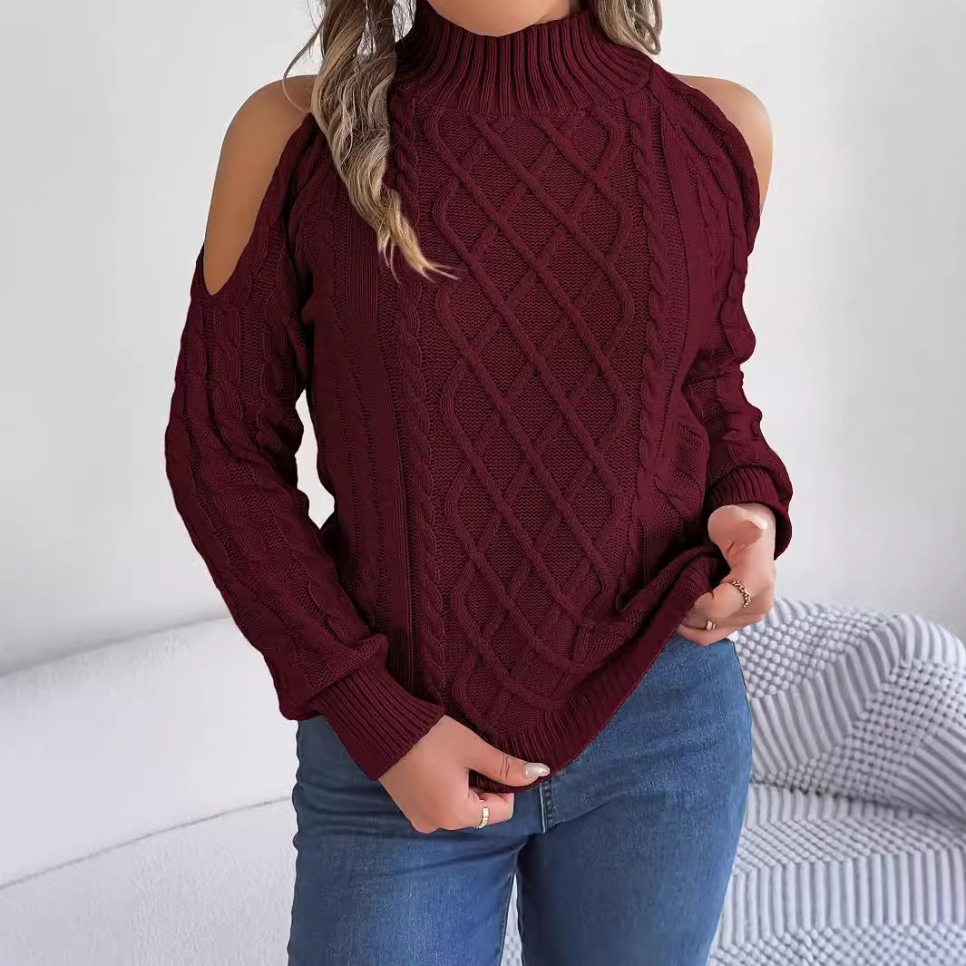 Women's Cold Shoulder Cable Knit Mock Neck Sweater