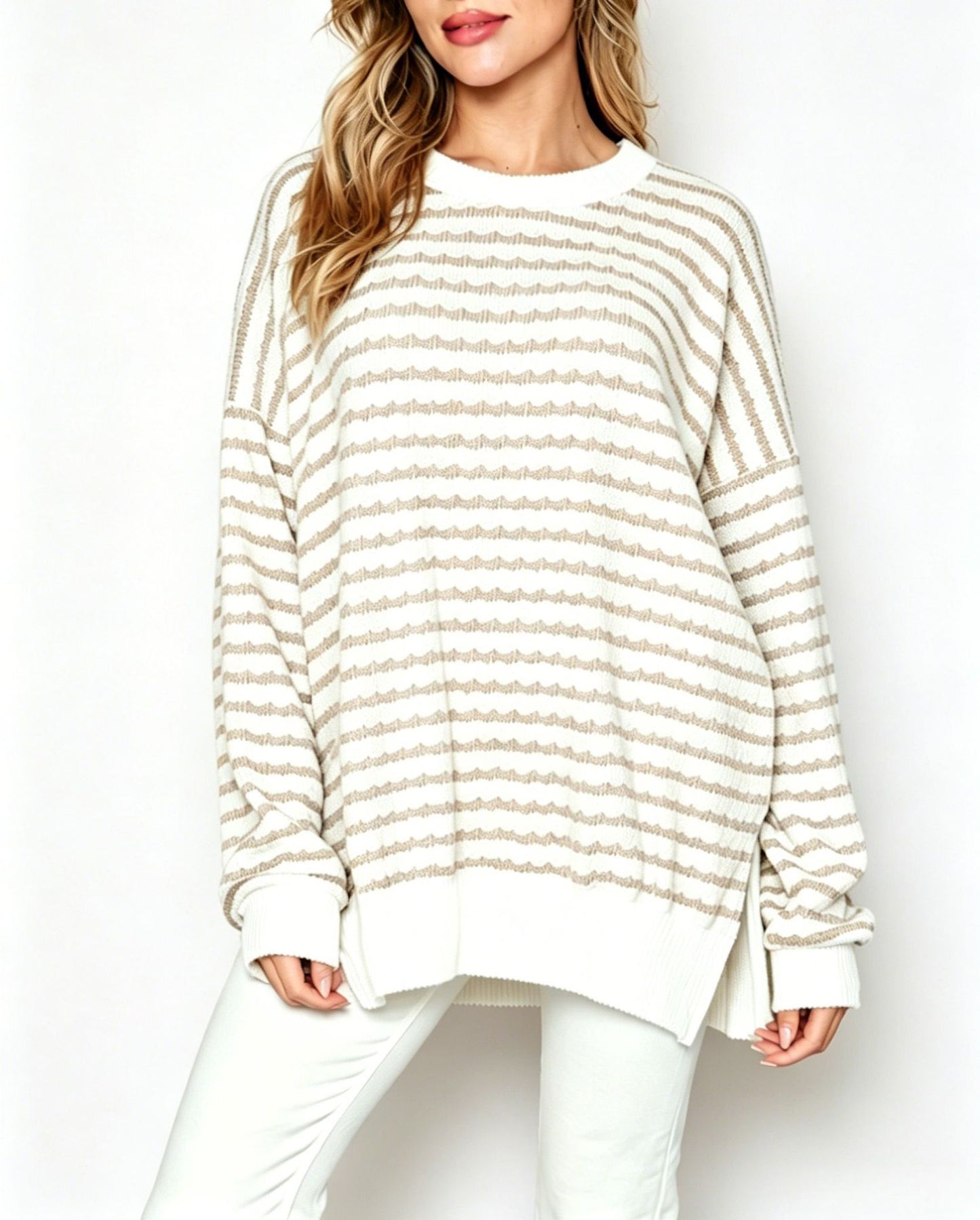 Oversized Stripe Knit Sweater Crew Neck Side Slit Pullover