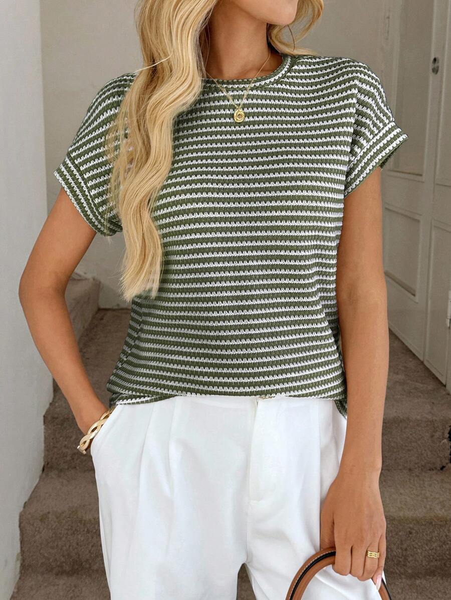 Striped Knit Sweater Crew Neck Short Sleeve Top