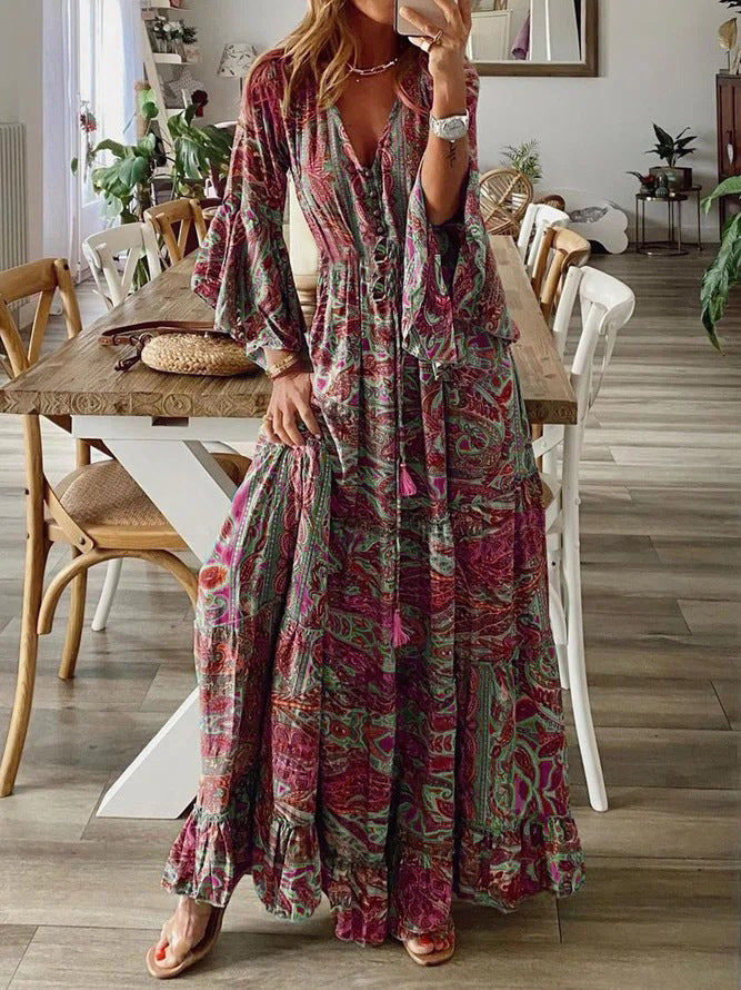 Women's Boho Floral V-Neck Bell Sleeve Maxi Dress Flowy