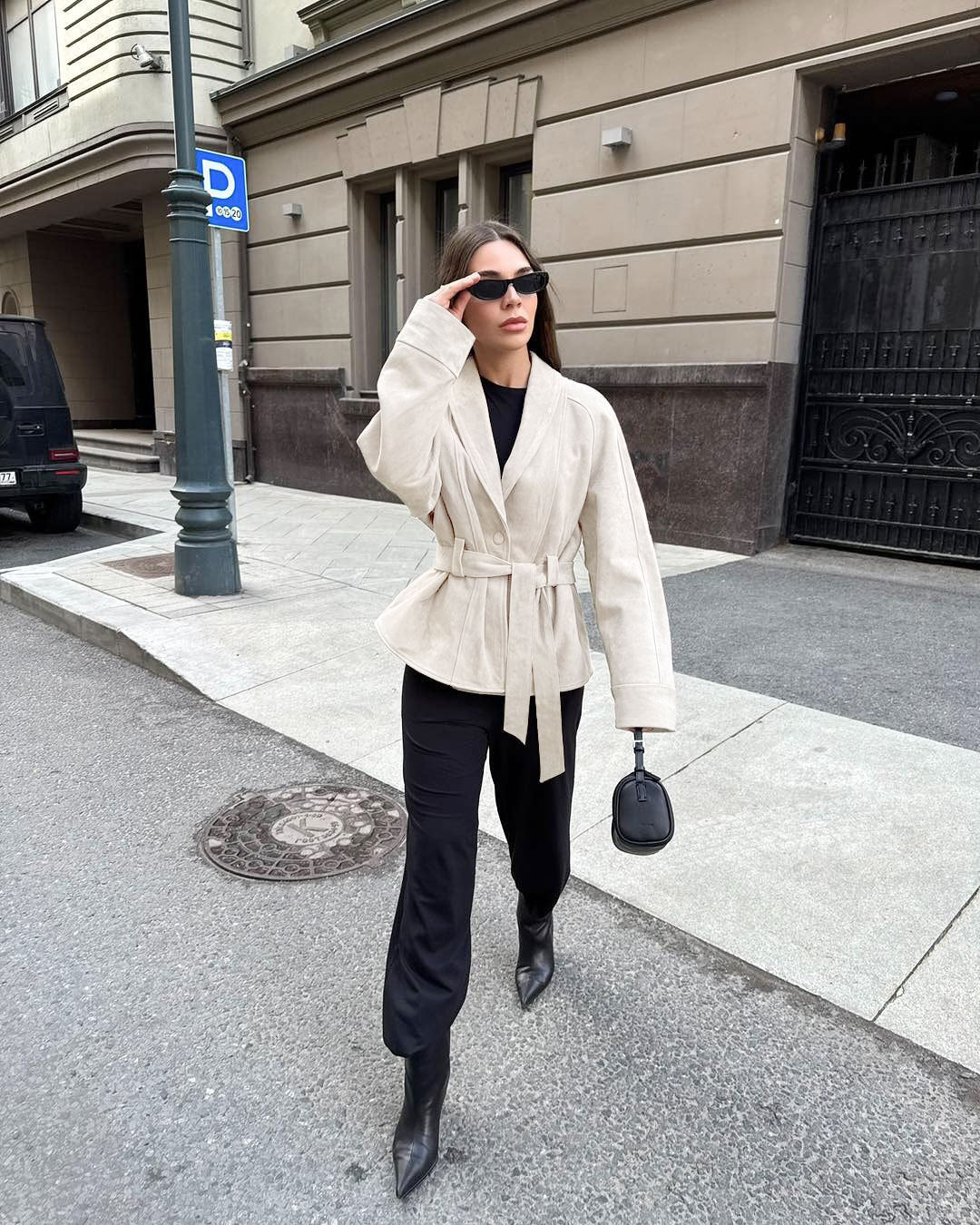Women Faux Suede Belted Jacket Long Sleeve Vintage