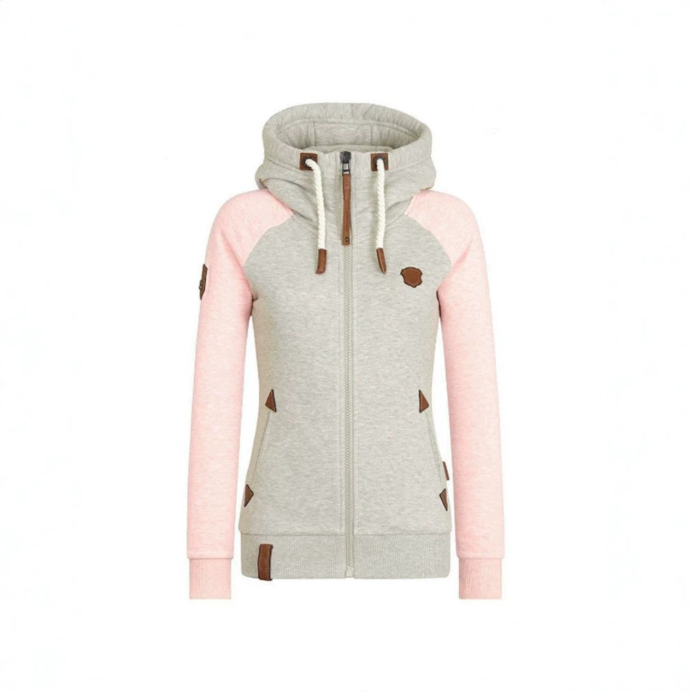 Women's Color Block Zip Up Hoodie Fleece Leather Patches