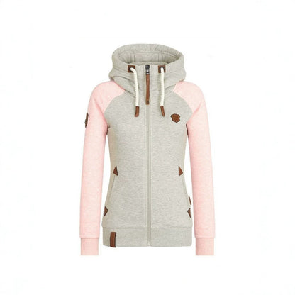 Women's Color Block Zip Up Hoodie Fleece Leather Patches