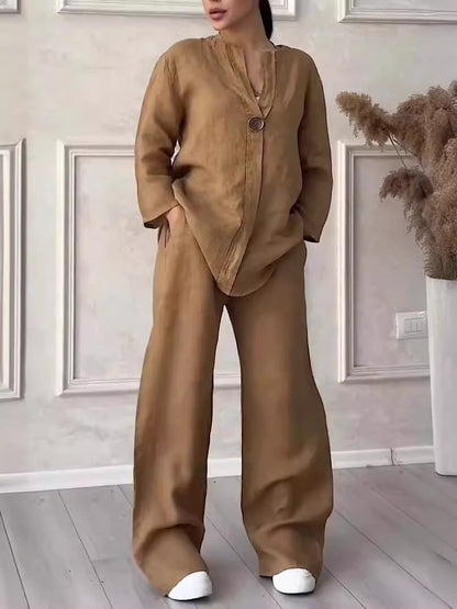 Womens Linen Two Piece Set Button Top Wide Leg Pants