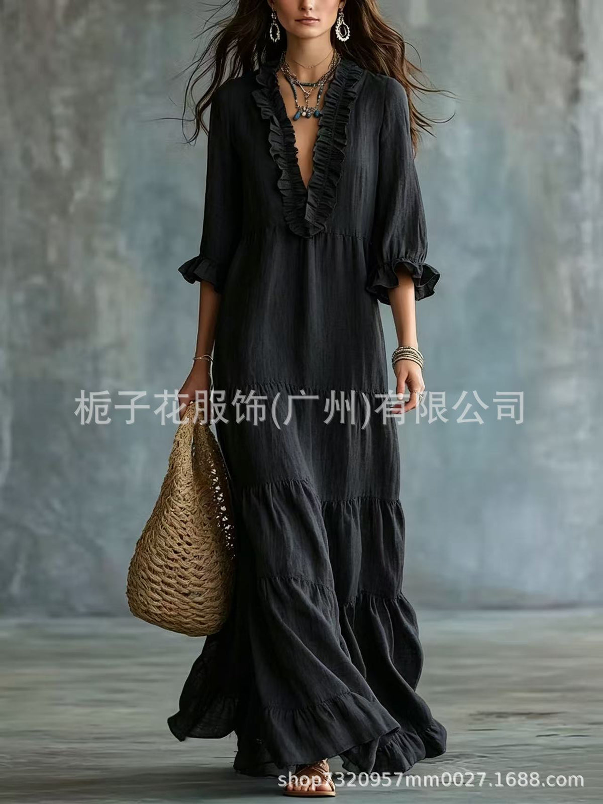 Women's Boho V-Neck Ruffle Tiered Maxi Dress Casual Summer