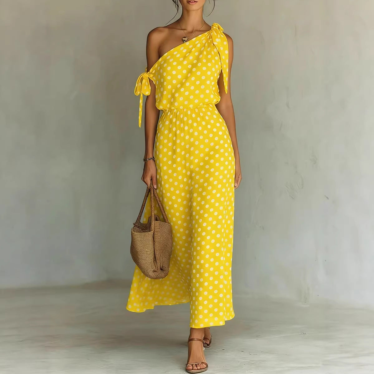 Polka Dot One Shoulder Tie Maxi Dress