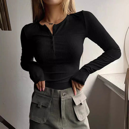 Women's Ribbed Henley Long Sleeve Fitted Top