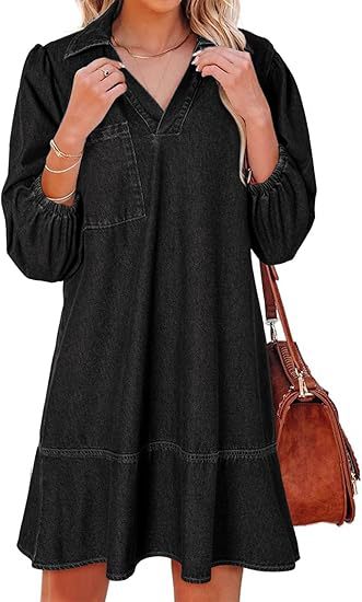 Women's V-Neck Denim Dress Puff Sleeve Tiered Jean Dress