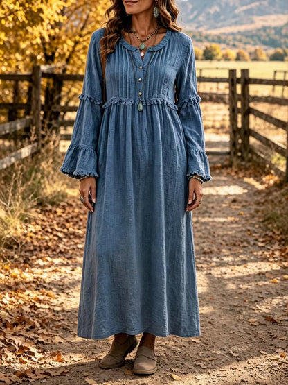 Women's Ruffle Maxi Dress V Neck Button Long Sleeve Boho
