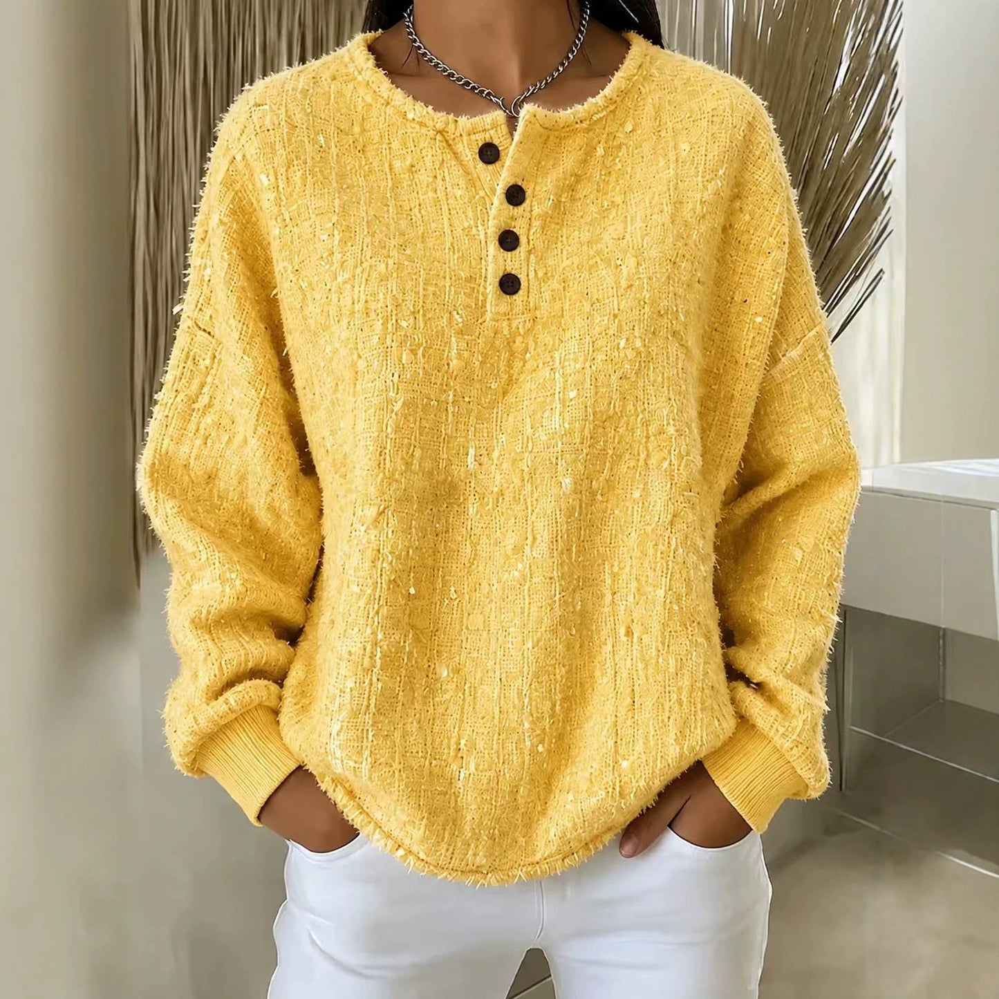 Women's Oversized Henley Sweatshirt Pullover Top