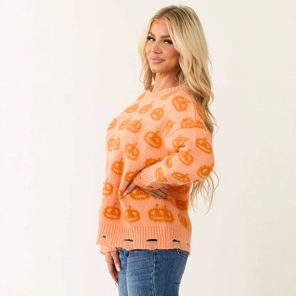 Women's Oversized Pumpkin Halloween Distressed Sweater