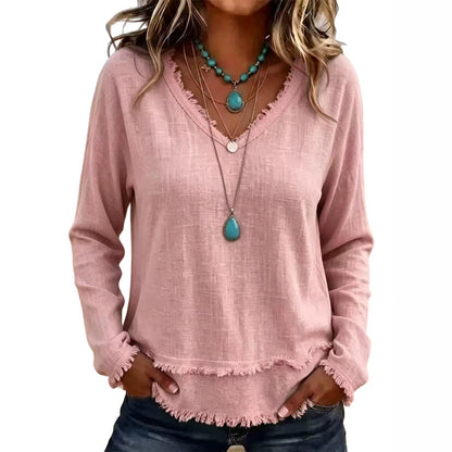 Women's Oversized V Neck Frayed Hem Long Sleeve Top