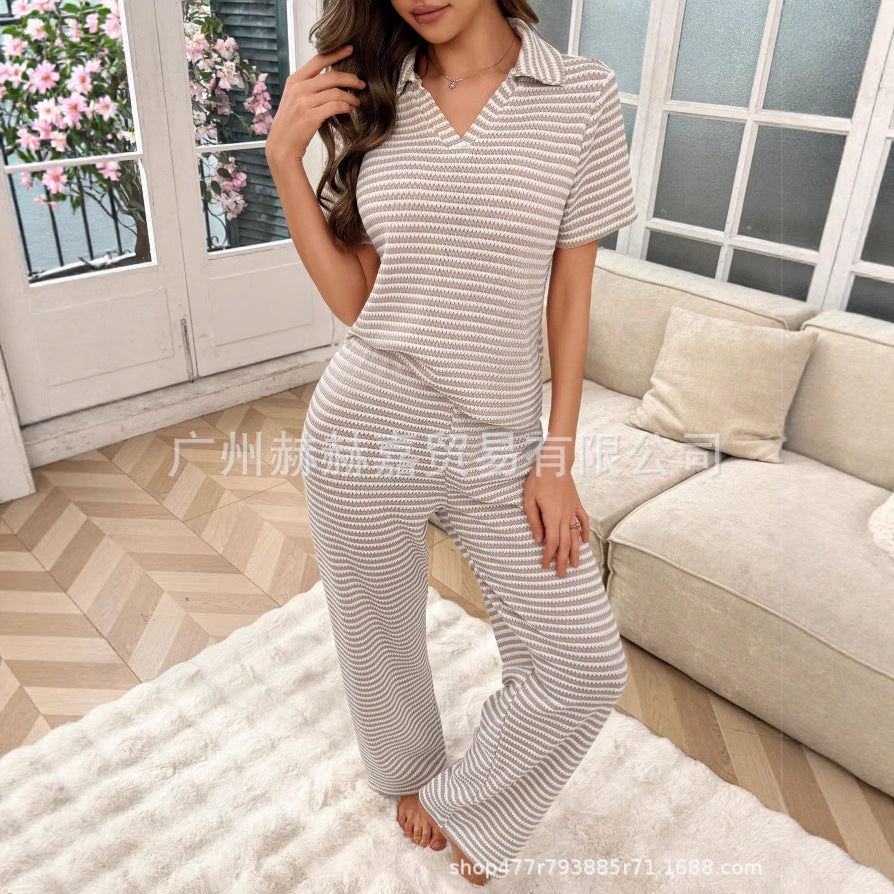 Women's Striped Knit Lounge Set V-Neck Top & Pants