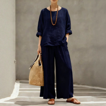 Women's Linen Cotton Matching Set Wide Leg Pants Two Piece