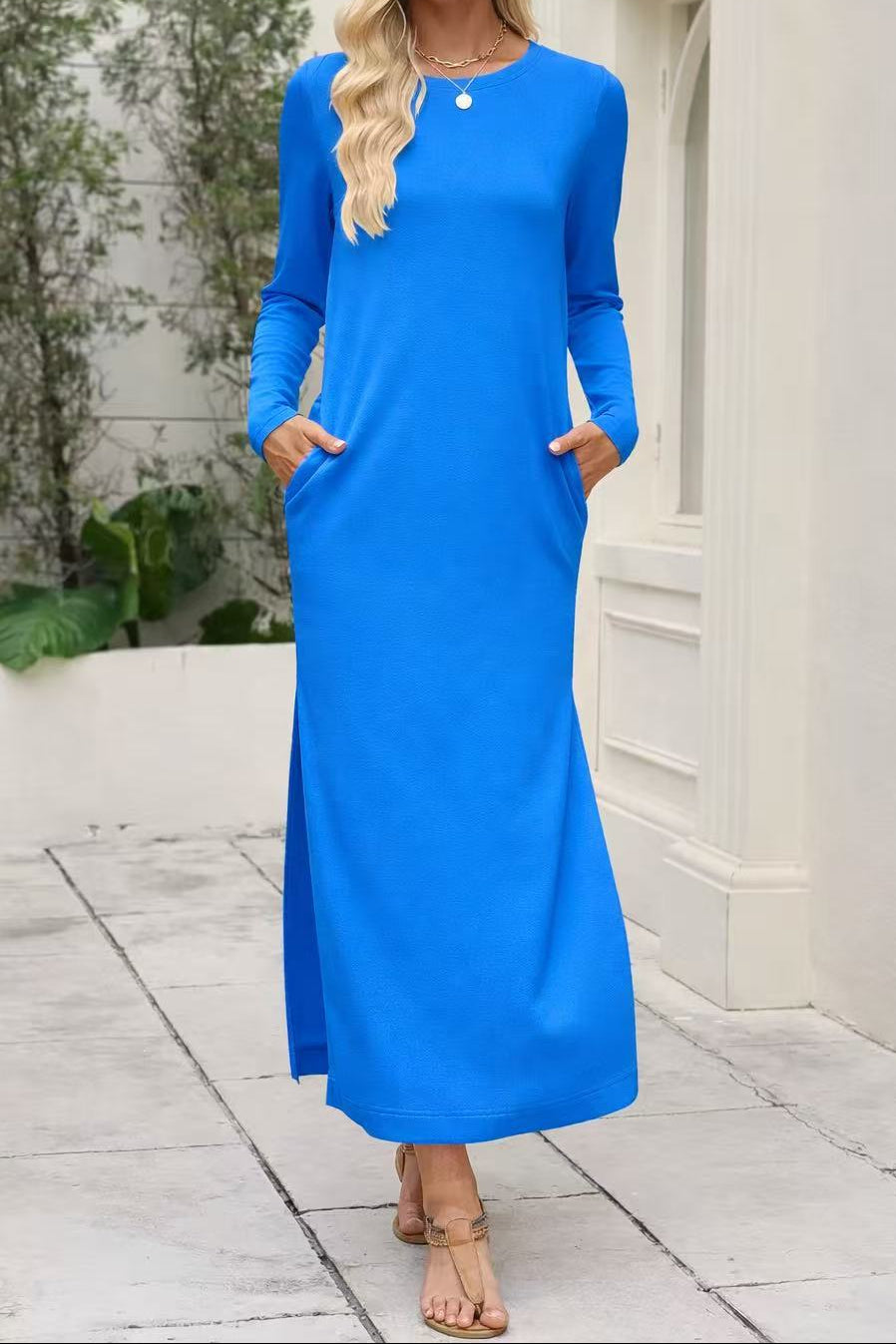 Women's Long Sleeve Maxi Dress with Pockets Side Slit