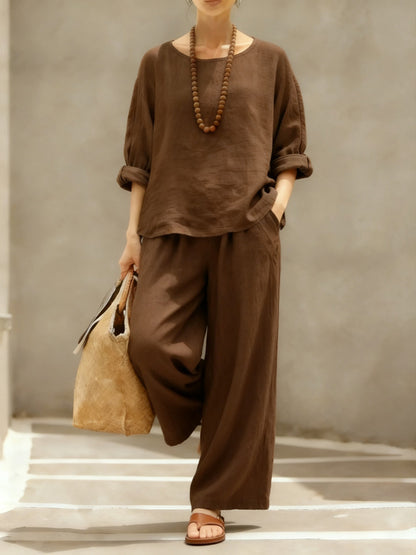 Women's Linen Cotton Matching Set Wide Leg Pants Two Piece