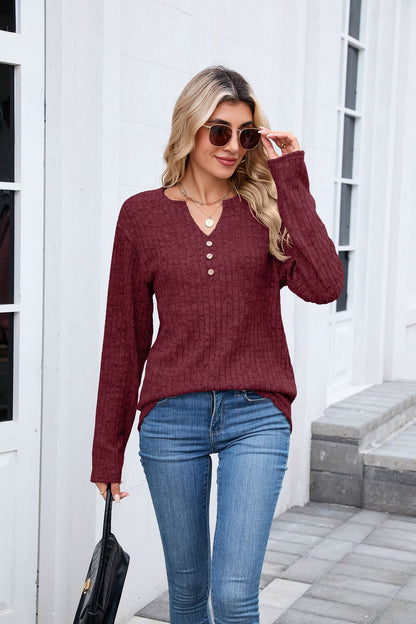 Women's Waffle Knit V Neck Button Long Sleeve Oversized Top