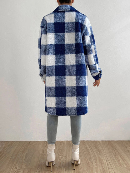Women's Plaid Sherpa Fleece Long Coat Collared Jacket