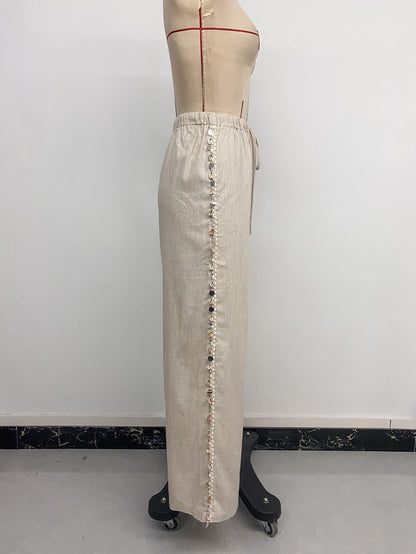 Boho Beach Wide Leg Pants Shell Trim Drawstring