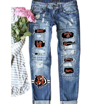 Distressed Straight Leg Jeans  with Bold Patch Game Day