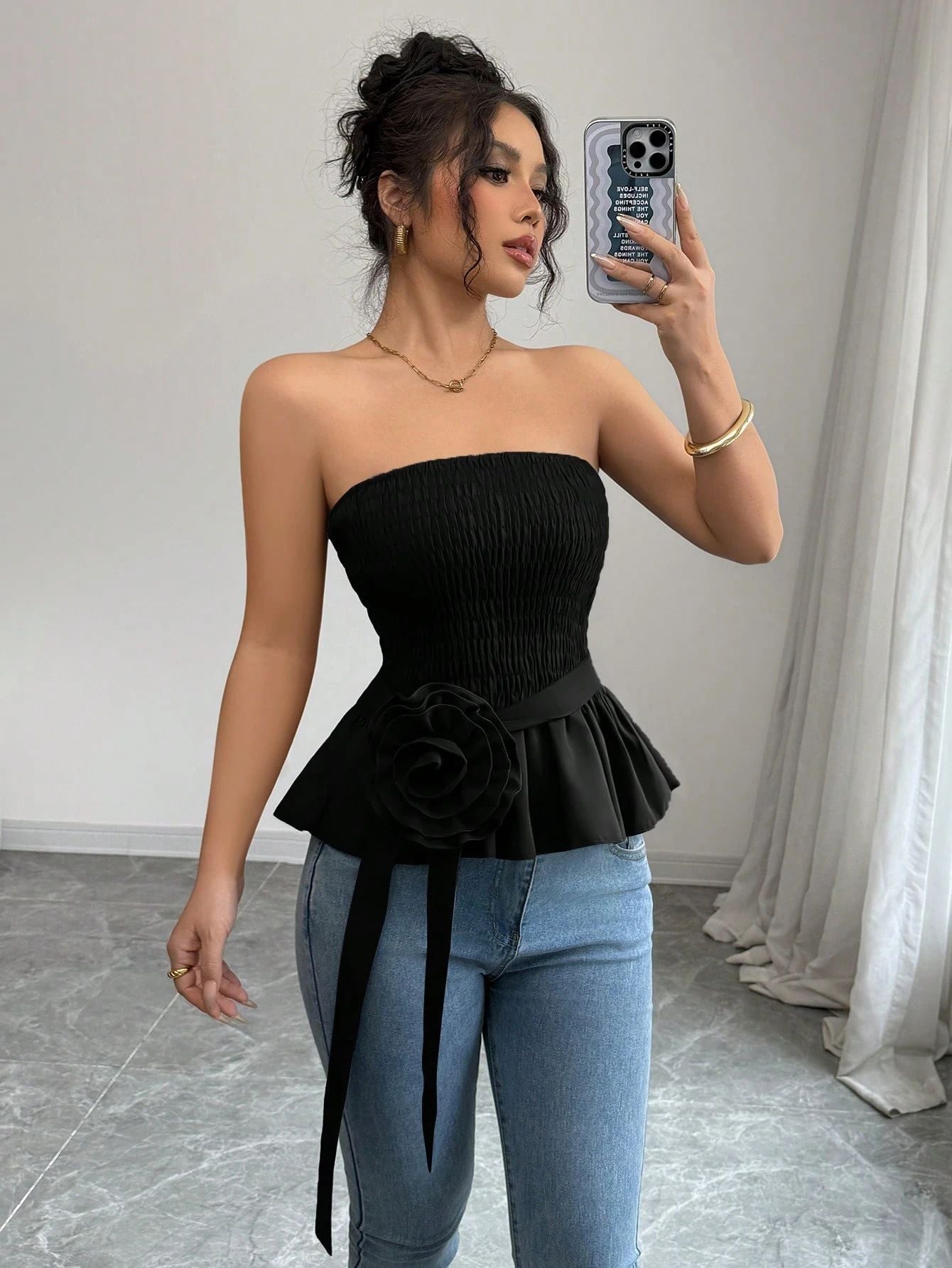 French Style Bandeau Top with Ruffle Hem and Rose