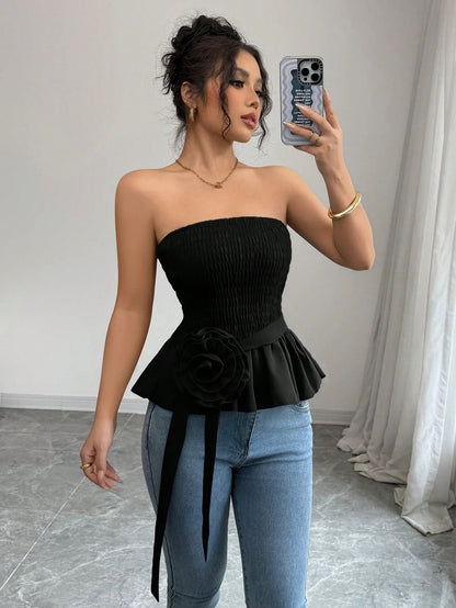 French Style Bandeau Top with Ruffle Hem and Rose