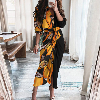 Women's V Neck Tie Front Long Sleeve Maxi Dress