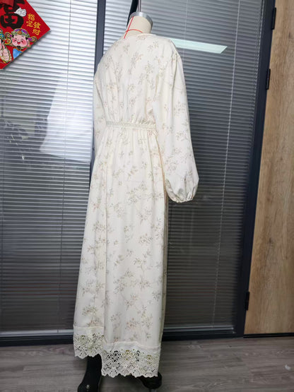 Boho Floral V-Neck Lace Balloon Sleeve Maxi Dress