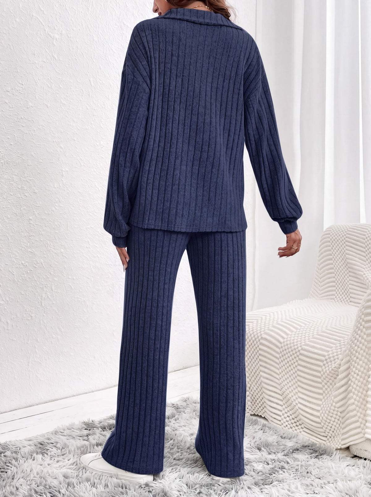 Womens Ribbed Lounge Set Long Sleeve Wide Leg Pants