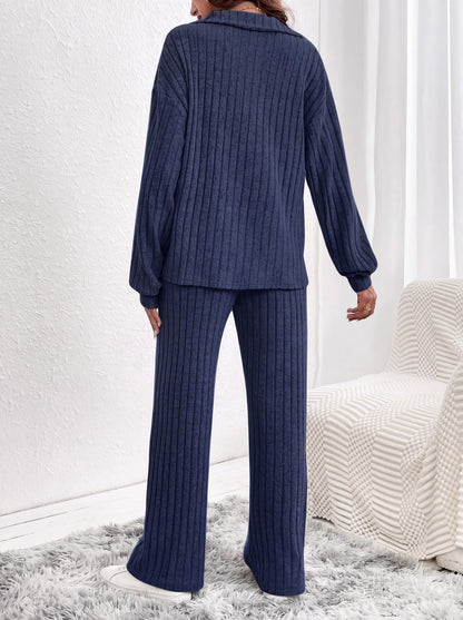 Womens Ribbed Lounge Set Long Sleeve Wide Leg Pants