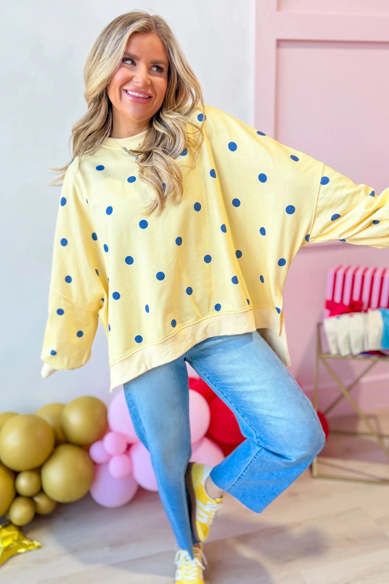 Polka Dot Oversized Sweatshirt Casual Crewneck Pullover