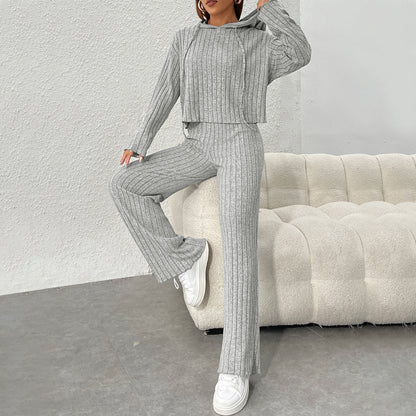 Ribbed Knit Hooded Lounge Set Flare Pants