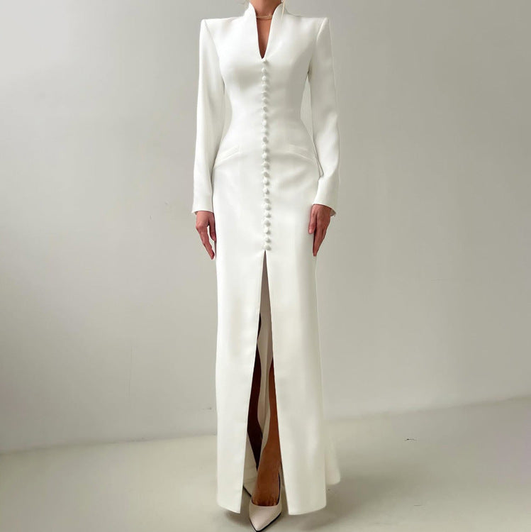 V-Neck Long Sleeve Button Front Slit Bodycon Maxi Dress
