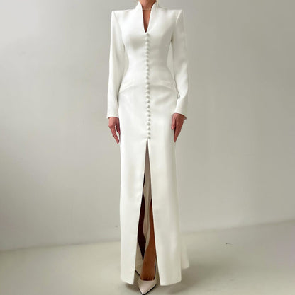 V-Neck Long Sleeve Button Front Slit Bodycon Maxi Dress