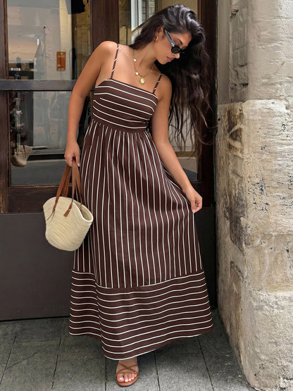 Striped Backless Maxi Dress Boho Resort Vacation Dress
