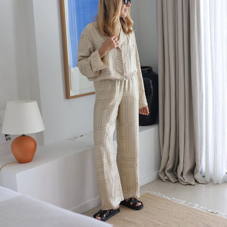 Women Satin Letter Print Lounge Set Button Shirt & Pants