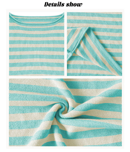 Striped Knit Oversized Crew Neck Sweater Pullover