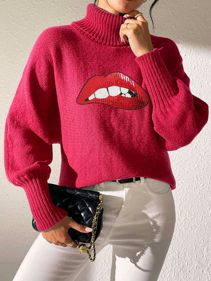 Ladies Bottom Shirt Sequin Embroidered Lip Turtleneck